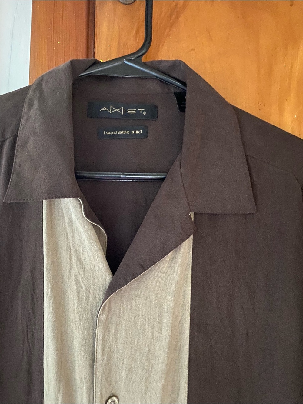 Axist Brown and Cream Lightweight Button-Front Shirt. Washable silk.